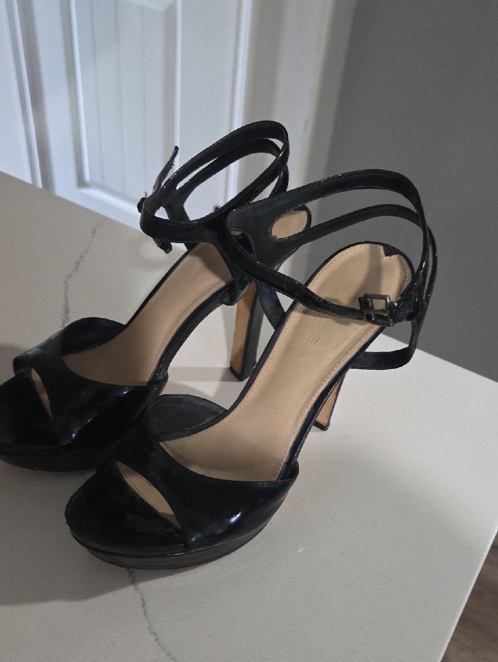 Via Spiga Black Patent Ankle-Strap Platform Heels